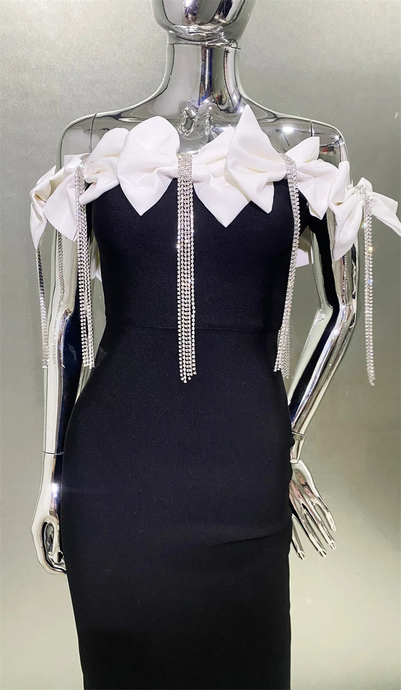 Sparkling Diamonds Tassel White Bows  Sexy Off The Shoulder Ankle Lenght Bandage Dress Woman Birthday Party Vestido