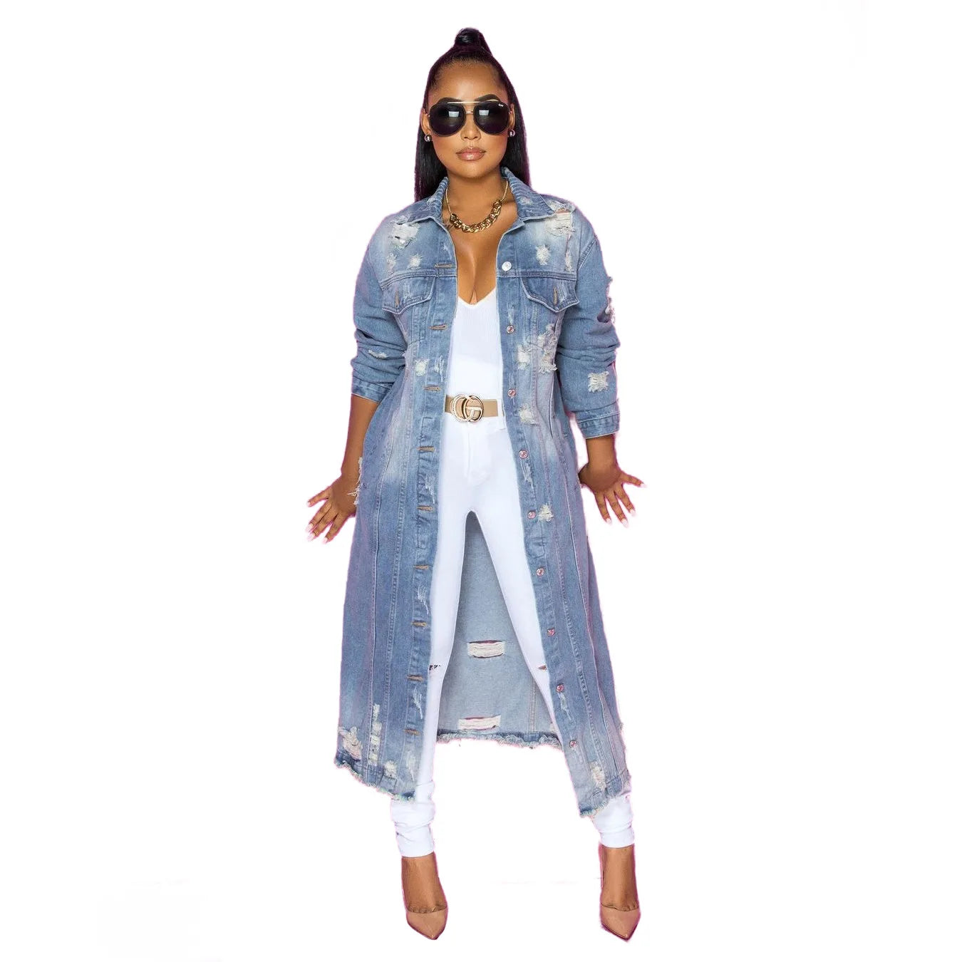 European and American Fashion Women's Wear with Holes Long Sleeved Denim Trench Coat Cardigan Denim Cape
