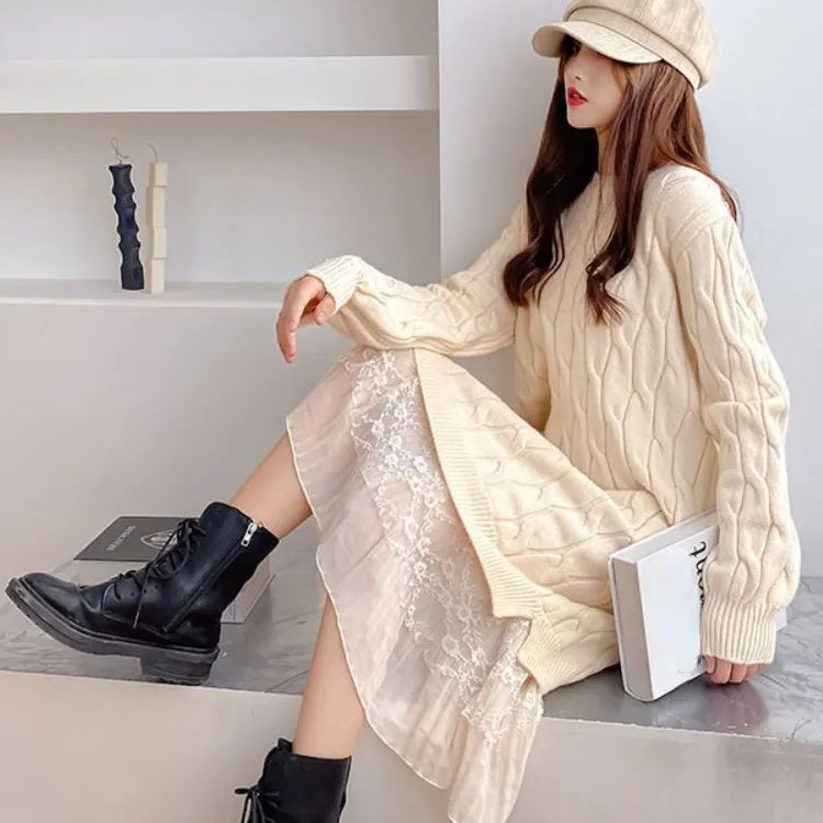 Dresses for Women Korean Oversized Sweater Women Maxi Dress O-Neck Elegant Commute Party Fashion Women's Wear Knit Dress