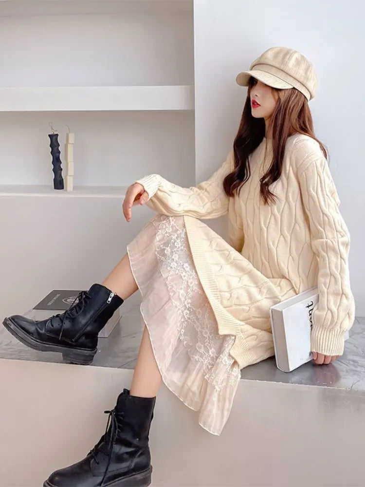Dresses for Women Korean Oversized Sweater Women Maxi Dress O-Neck Elegant Commute Party Fashion Women's Wear Knit Dress