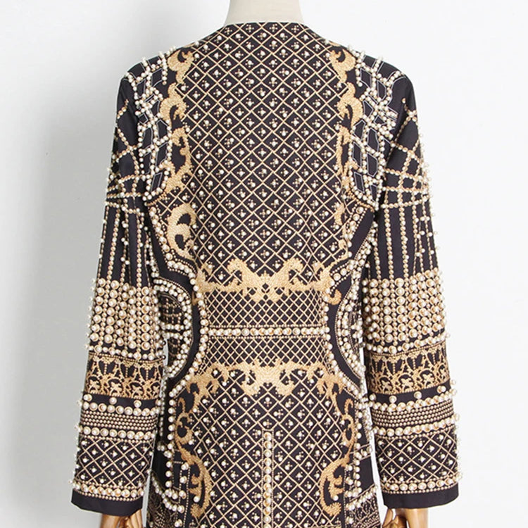 Stylish Designer Jacket Women's V-neck Long Sleeve Luxurious Metallic Beaded Long Blazer