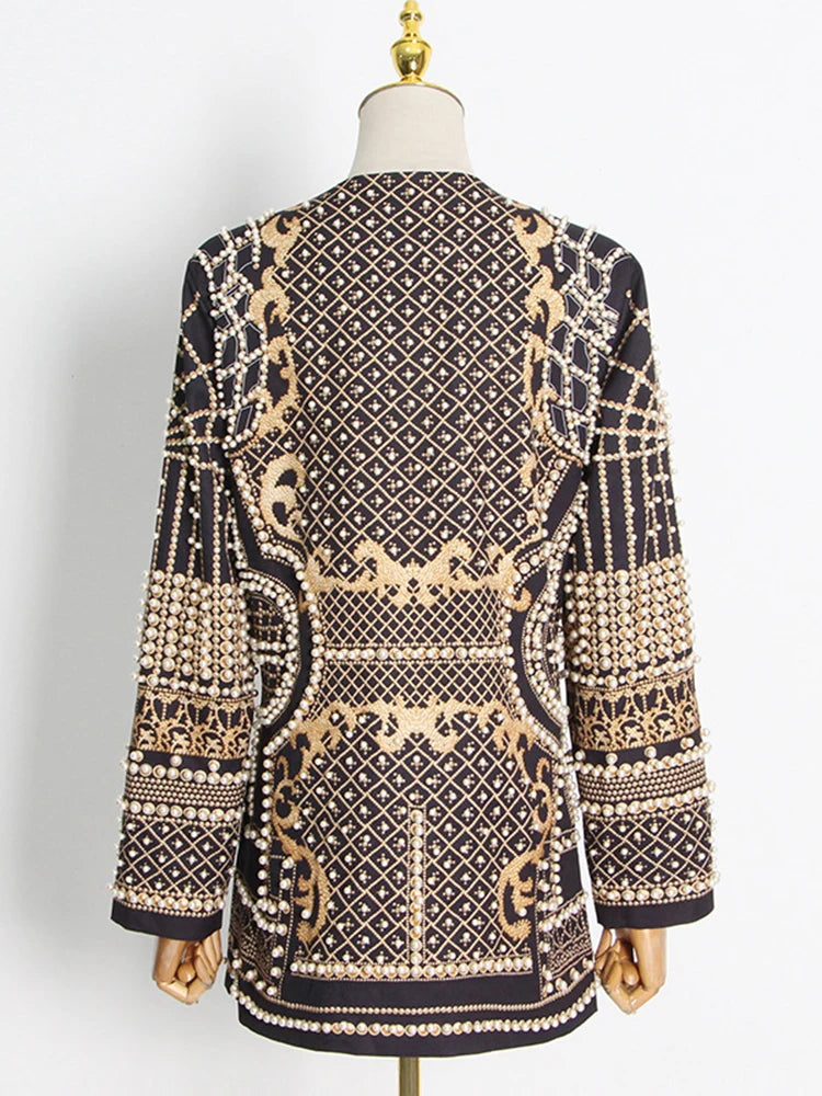 Stylish Designer Jacket Women's V-neck Long Sleeve Luxurious Metallic Beaded Long Blazer