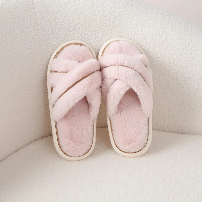 Winter Women Home Indoor Casual Slippers Female Flip Flops Fluffy Shoes Cross Design Slides Ladies Soft Warm Plush Slipper
