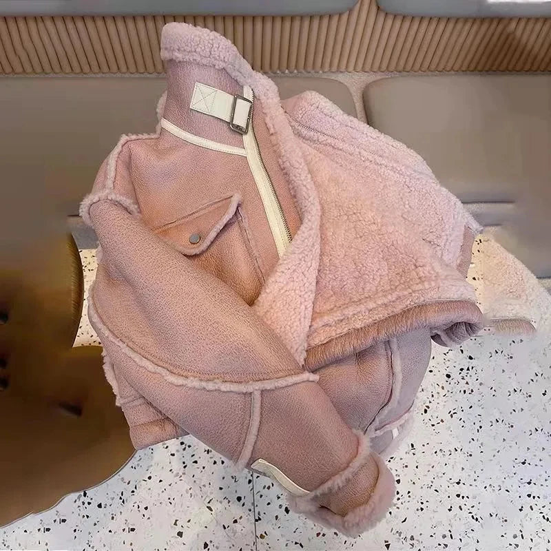 Streetwear Faux Fur Jacket Women Cropped Suede Leather Lamb Wool Coat Sweet Korean Motorcycle Stand Collar Fleece Short Outwear