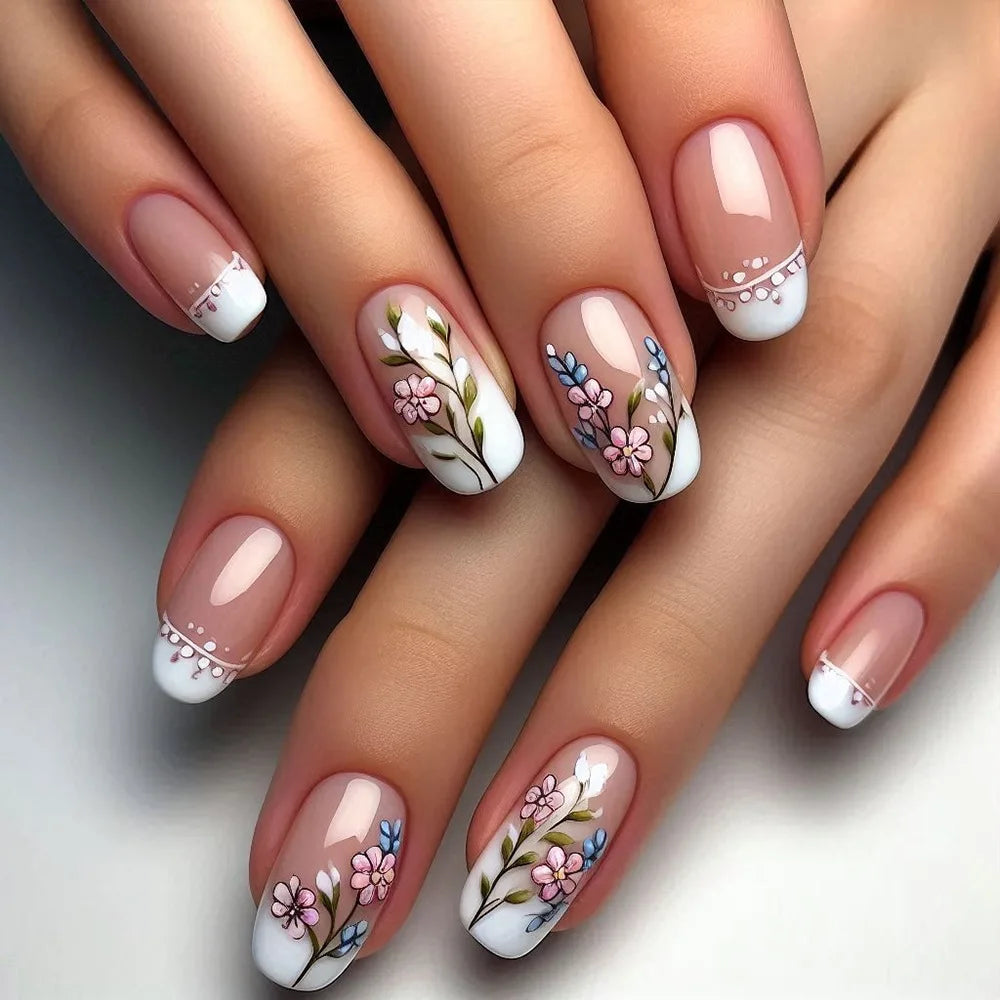 24Pcs Simple Almond Press on Fake Nails with Jelly Glue Fresh Flowers Design French Summer Fashion Acrylic oval Fake Nails Tools
