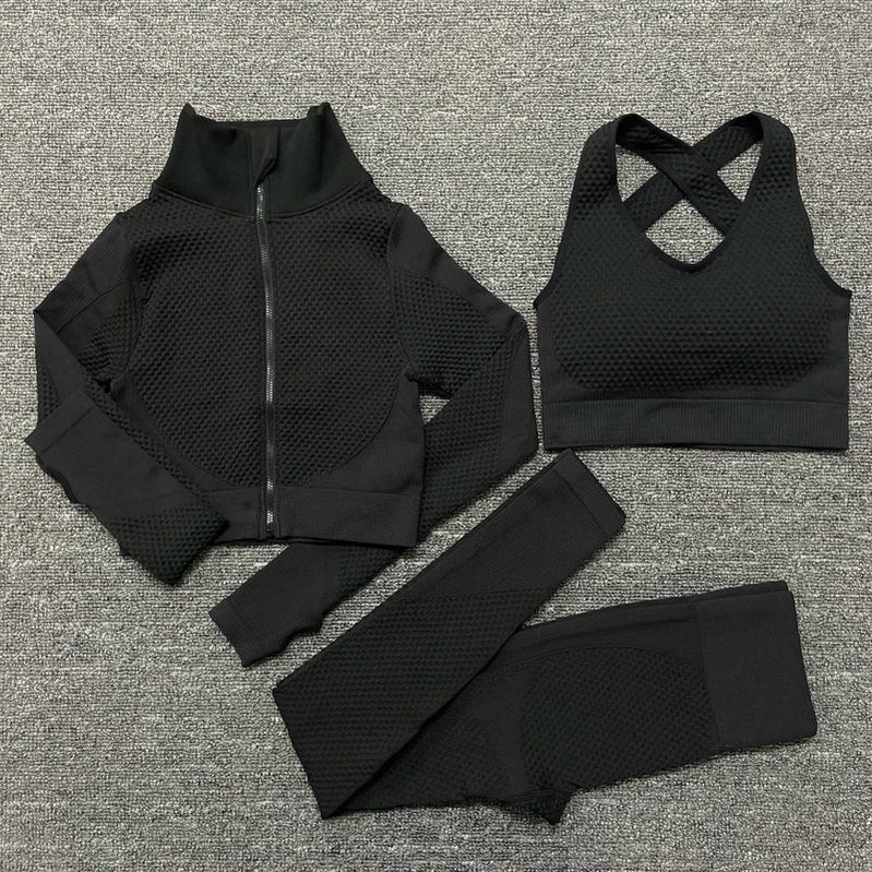 Seamless Women Yoga Sets Female Sport Gym Suits Wear Running Clothes Women Fitness Sport Yoga Suit Long Sleeve Yoga Clothing 3PcsSet Black