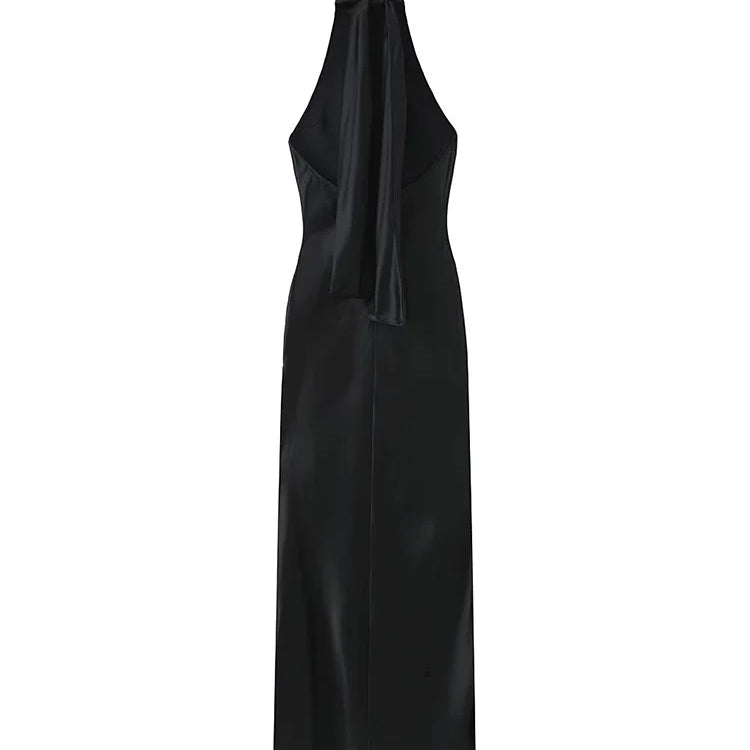 TRAFZA Women Fashion Backless Dresses Sexy Black Halter Tie Satin Long Dress Woman Bodycon Dresses New Ladies Luxury Party