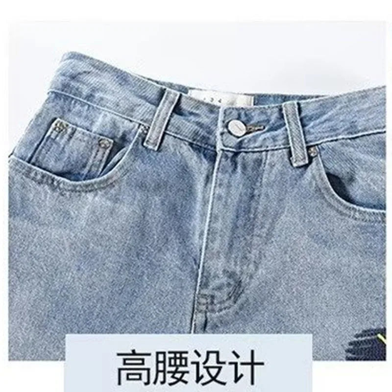 Y2K European and American women's light colored embroidered wide leg high waist straight leg loose mop jeans