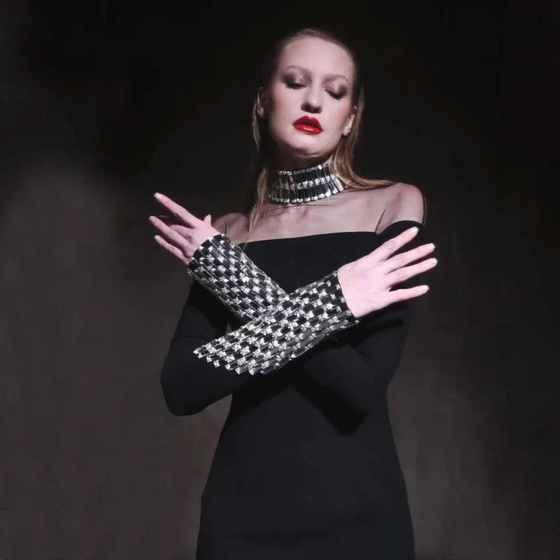Fashion Sexy European And American Women Long Sleeve Black Sexy Round High Neck Color Long Sleeve Diamond Decoration Slim Dress