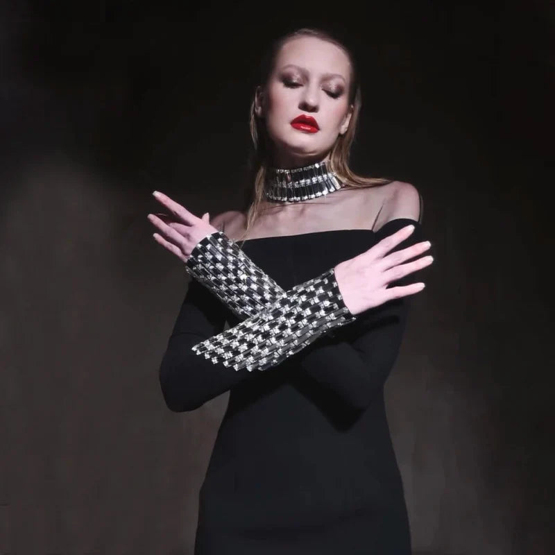 Fashion Sexy European And American Women Long Sleeve Black Sexy Round High Neck Color Long Sleeve Diamond Decoration Slim Dress