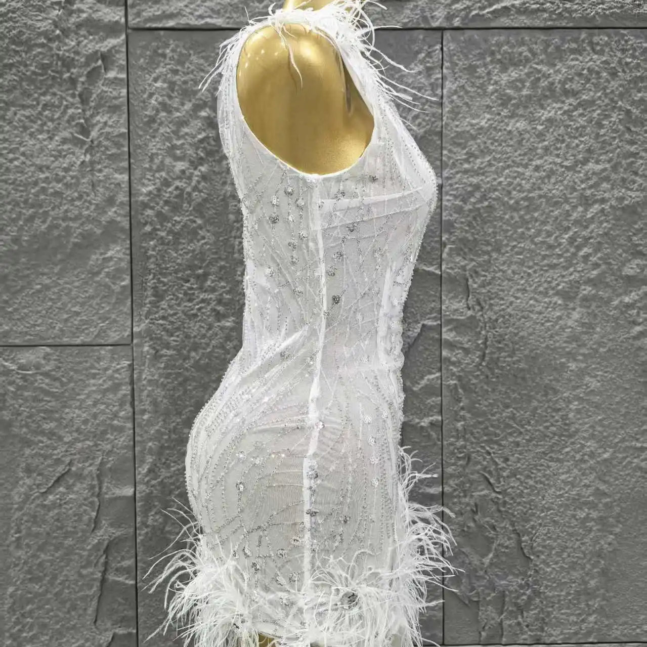 White Color Women Sleeveless V-Neck Bodycon Feathers Mini Dress Girls' Cute Birthday Party Cocktail Outfit Clothing