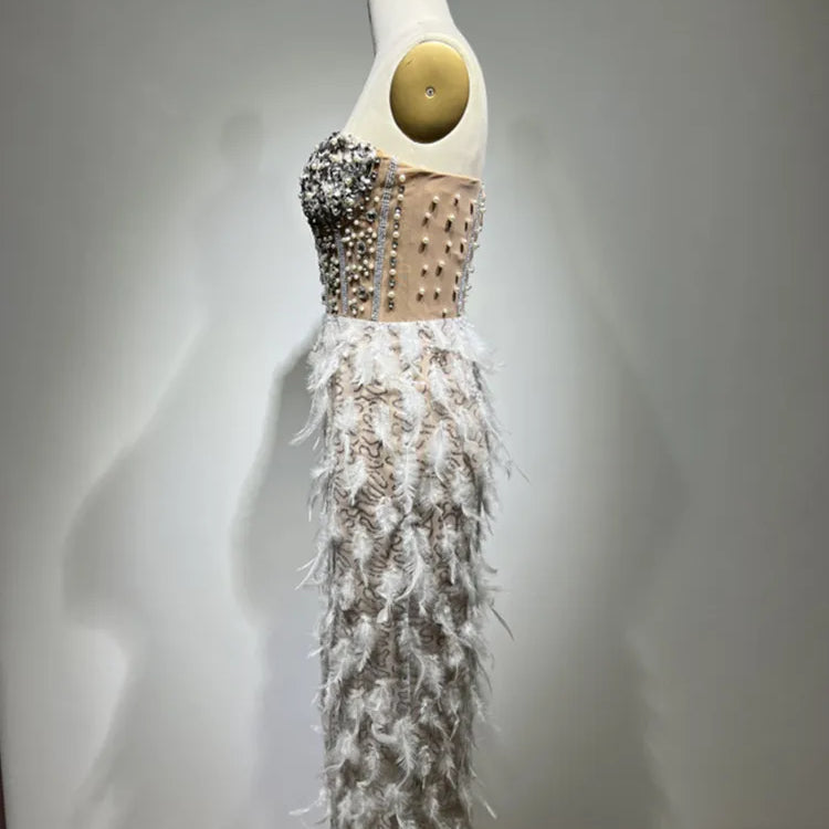 New Women Summer Sexy Strapless Backless Sequins Feather Pearl Beading Ankle Length Dress 2023 Elegant Evening Party Dress