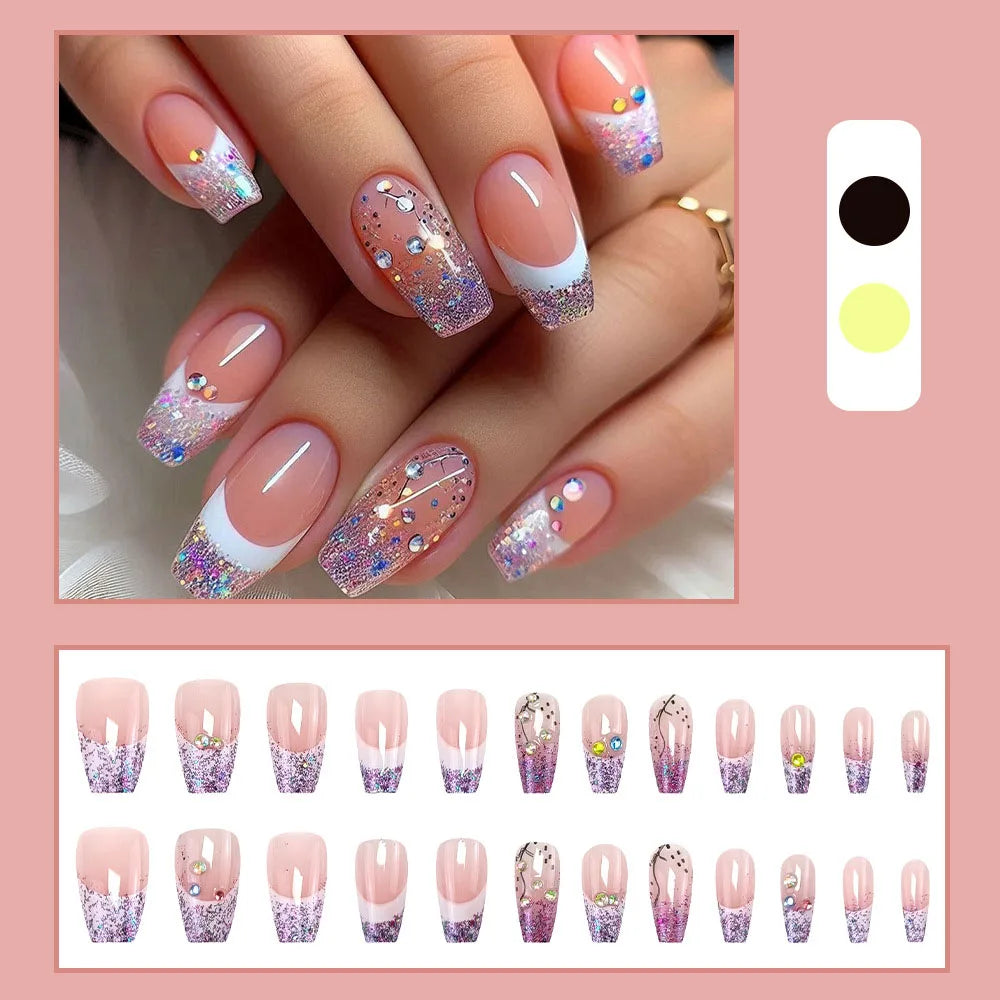 24pcs/set Short Medium fake nails for women girls gradient shiny glitters heart french Square almond tips Press on false nail