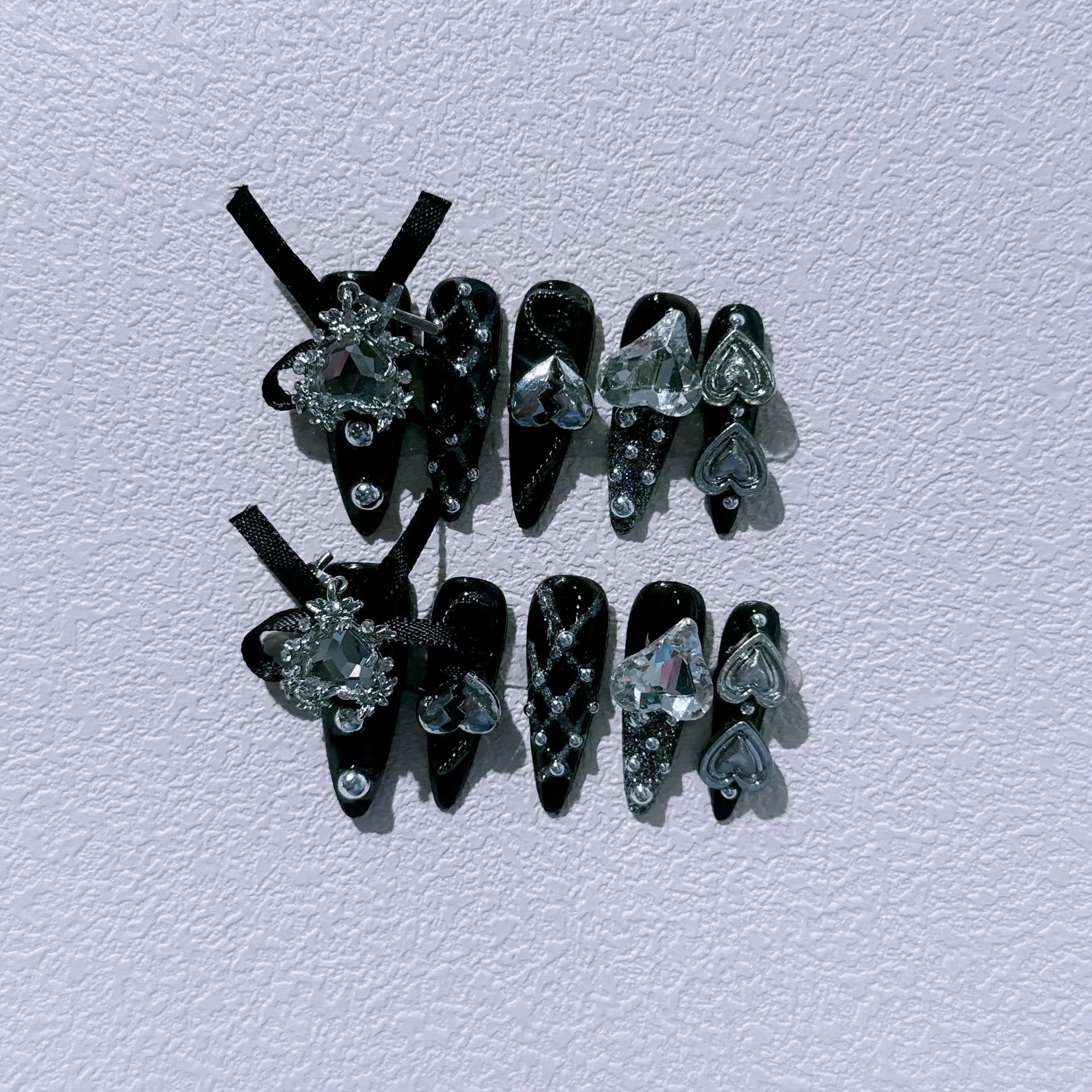 24Pcs Black Fake Nails Love Diamond Mid-length Almond Handmade Nail with Bowtie Sweet Cool Y2k Art Wearable Full Cover Press On