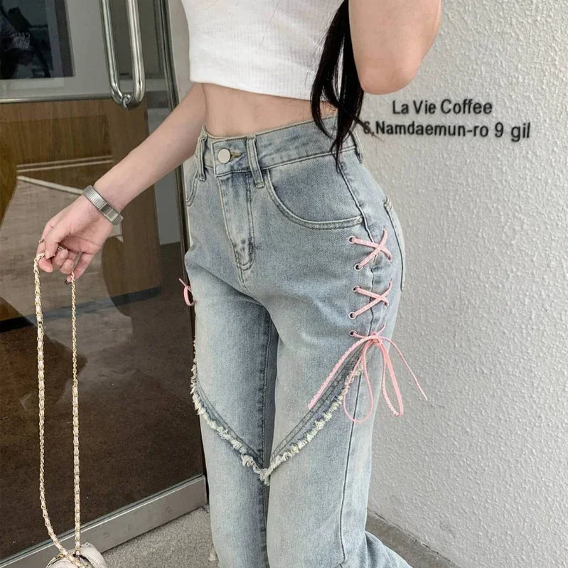 American Split Jeans Women Pink Bandage High Waist Irregular Spliced Denim Pants Zipper Fly Trousers Y2k Pantalon Femme