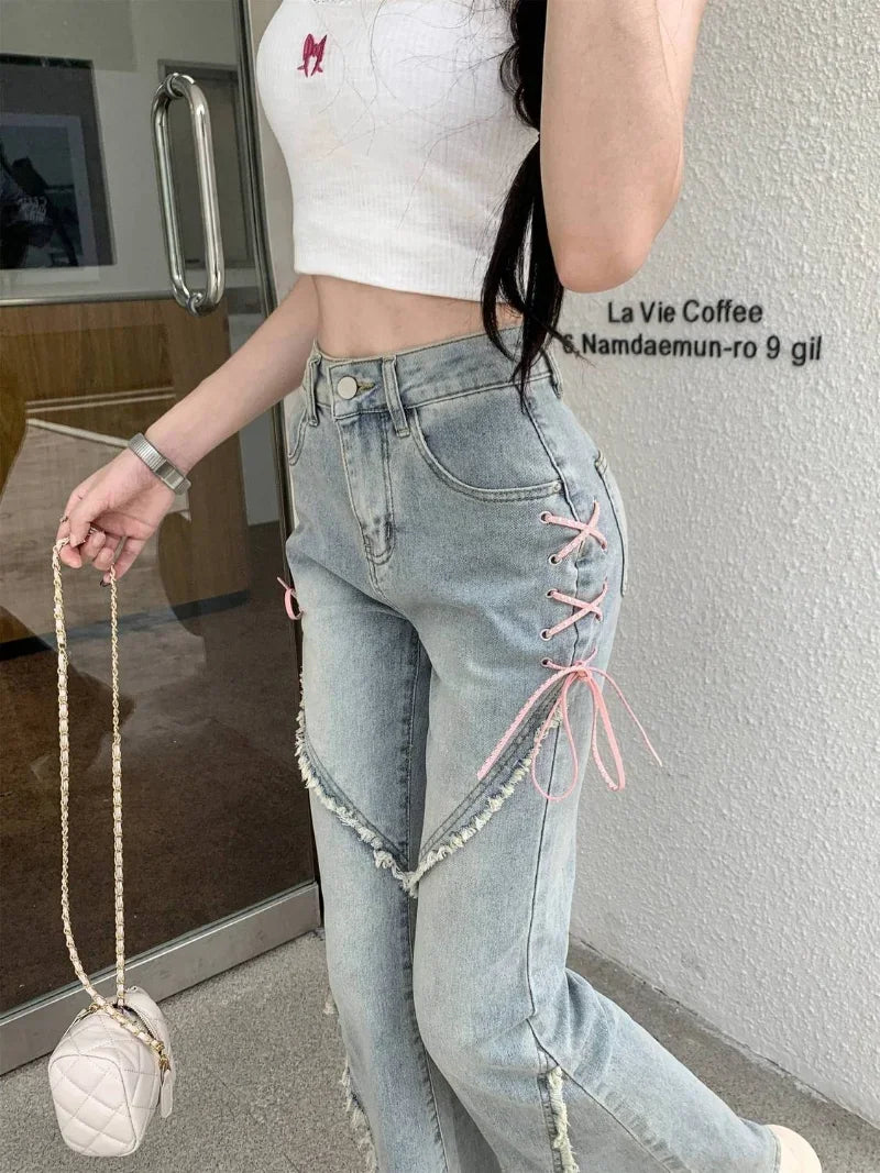 American Split Jeans Women Pink Bandage High Waist Irregular Spliced Denim Pants Zipper Fly Trousers Y2k Pantalon Femme