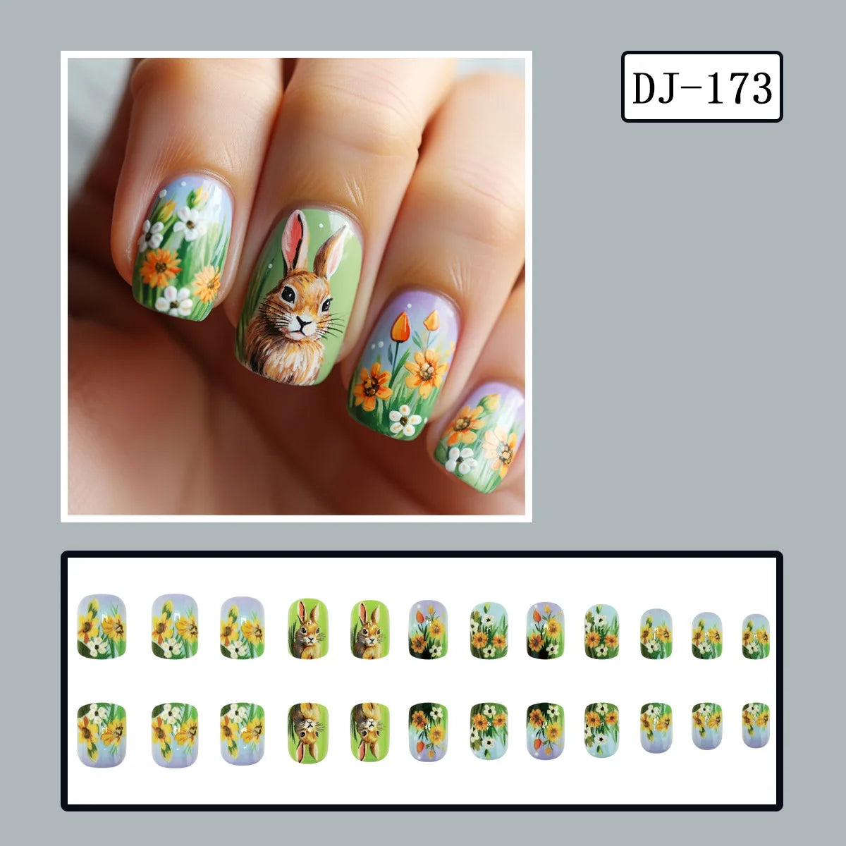24pcs Easter Cute Rabbit Press On Nails Spring Daisy Flower Design Fake Nail Tips for Girl Women Wearable Short Cute False Nails