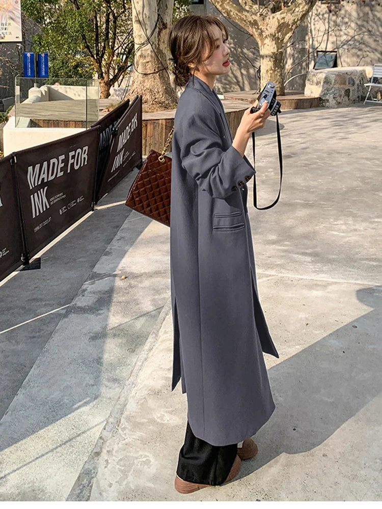 Autumn Long Coffee Flowy Blazer Coat Women with Back High Slit Double Breasted Loose Casual Korean Fashion Overcoat 2024 Gray