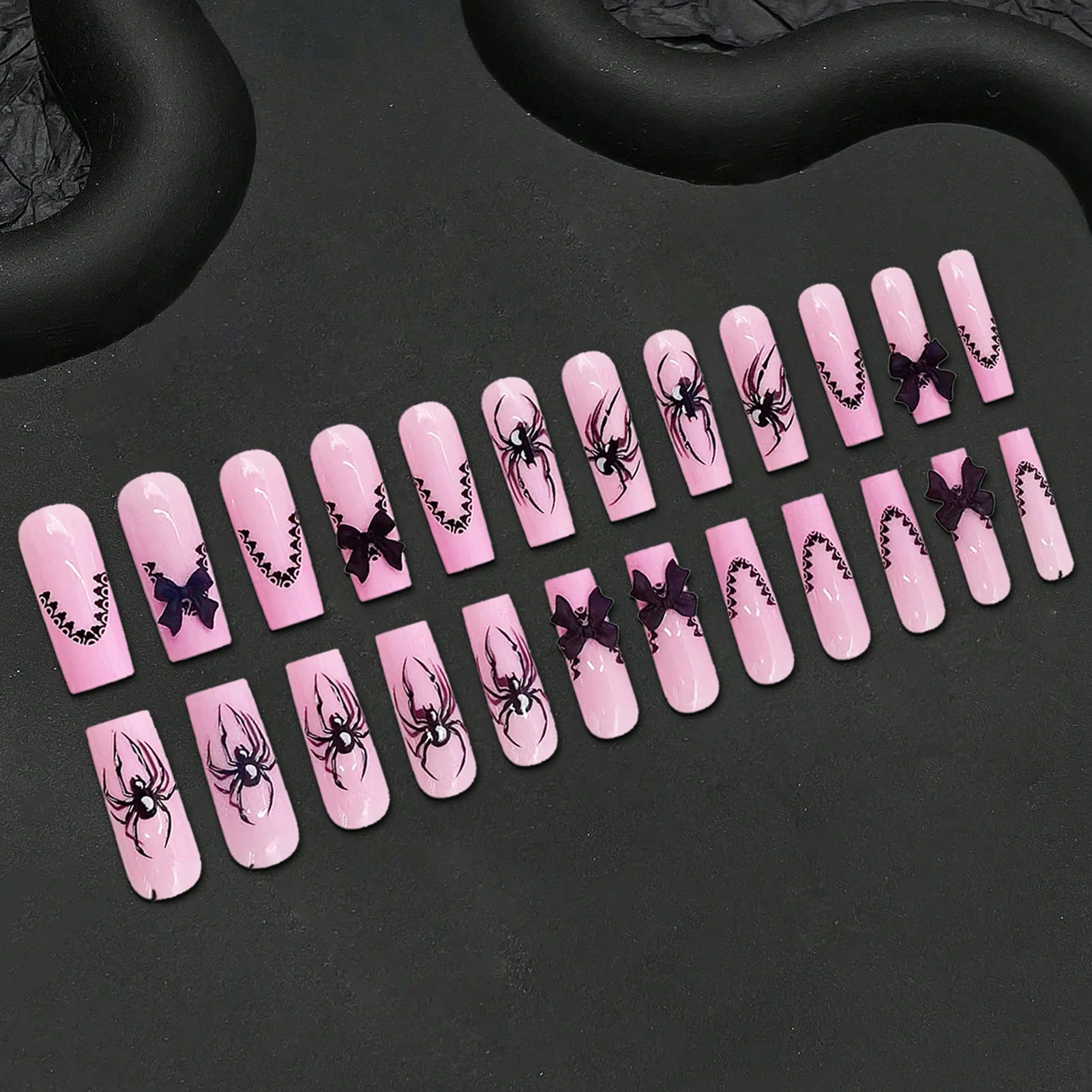 24pcs Halloween Gothic Fake Nail with Black Spider Bow Design False Nails European Long Coffin French Press on Nails Wearable