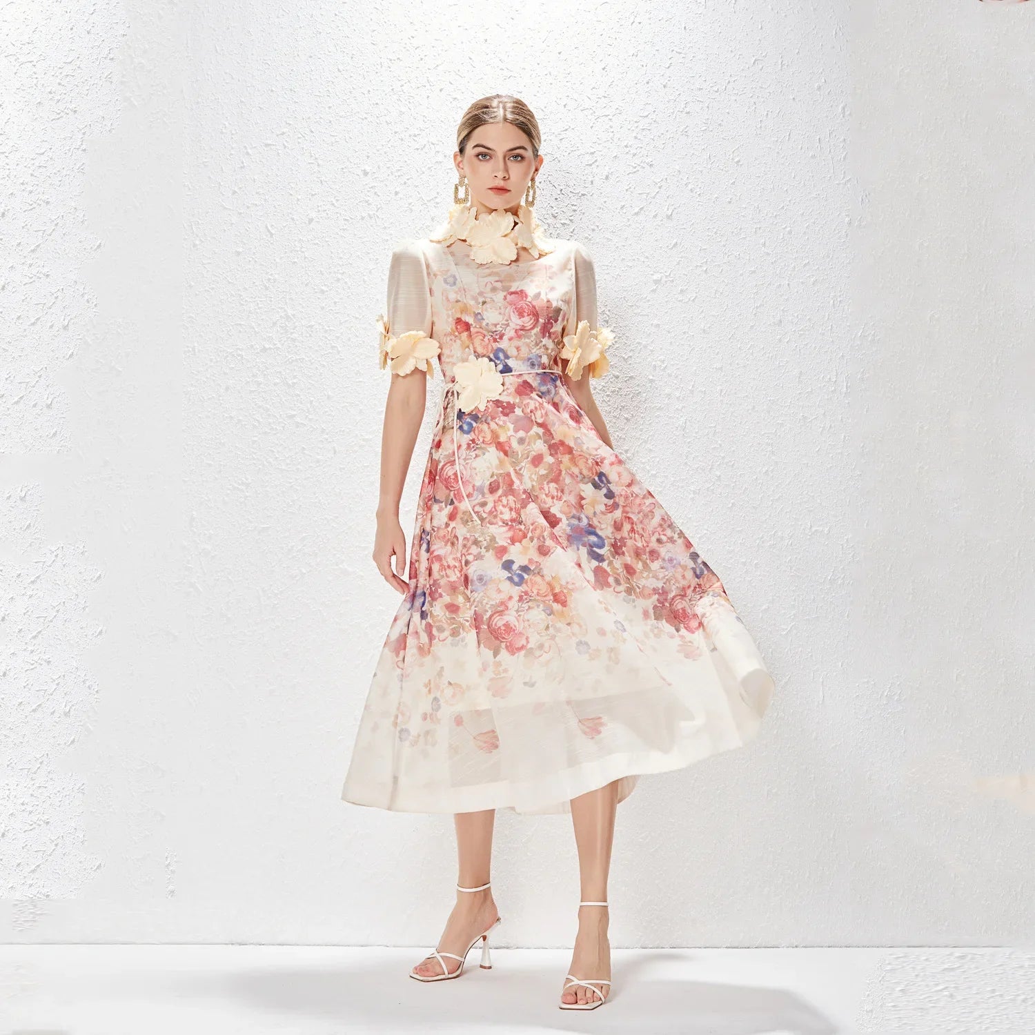 NEW Women Floral Mini Dress Spring Summer Printed Standing Collar Short Sleeve Vestido Ladies Holiday Party Vintage Dresses Apricot Long