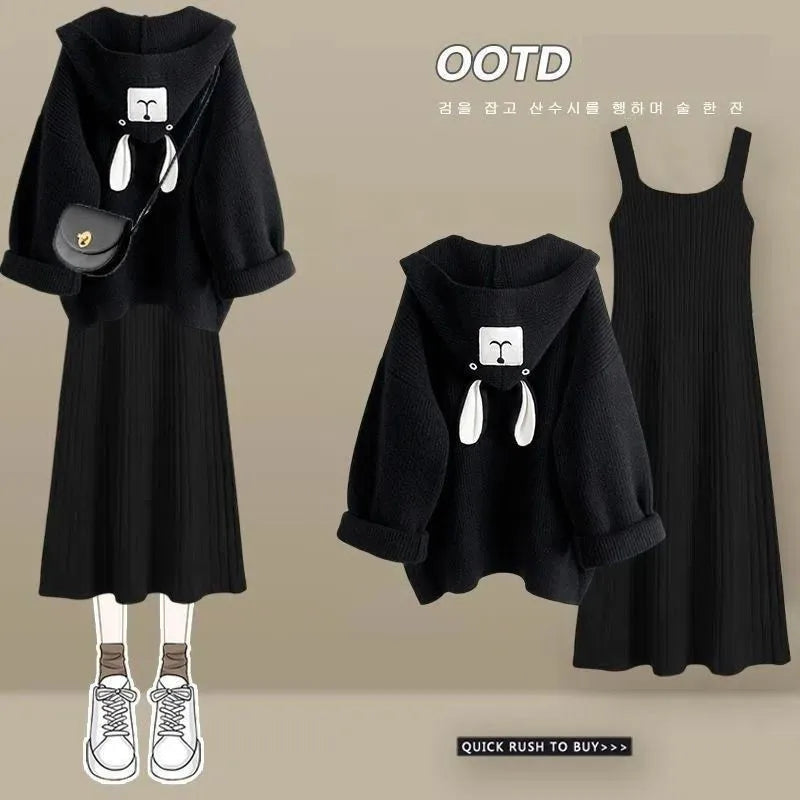 Autumn Winter New Knitted Dress Women Matching Set Korean Elegant Hooded Coat Sling Skirt Two Piece Female Casula Suit Set 01