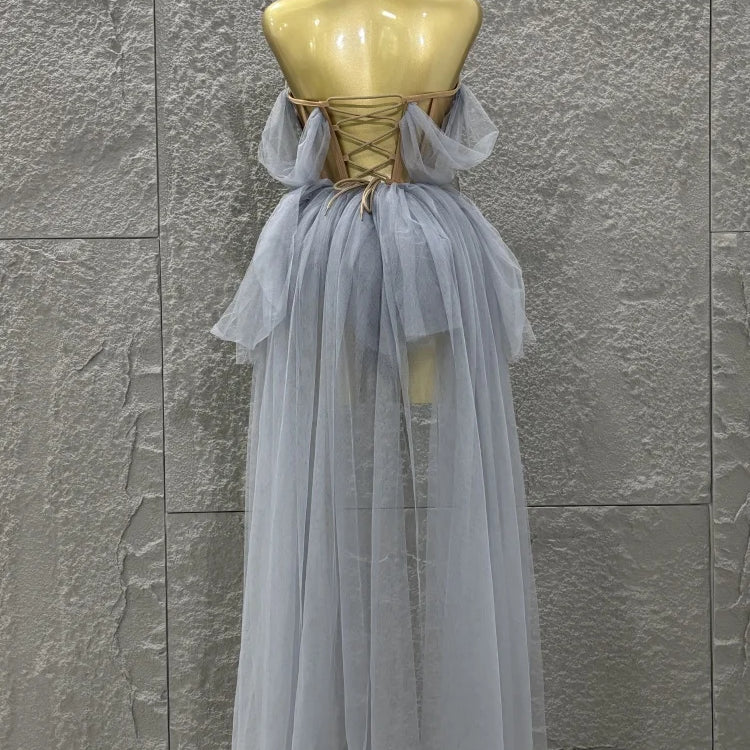 STOCK Women Sexy Strapless Laced-up Mesh 2 Pieces Long Maxi Dress Celebrate Evening Party Birthday Prom Outfit