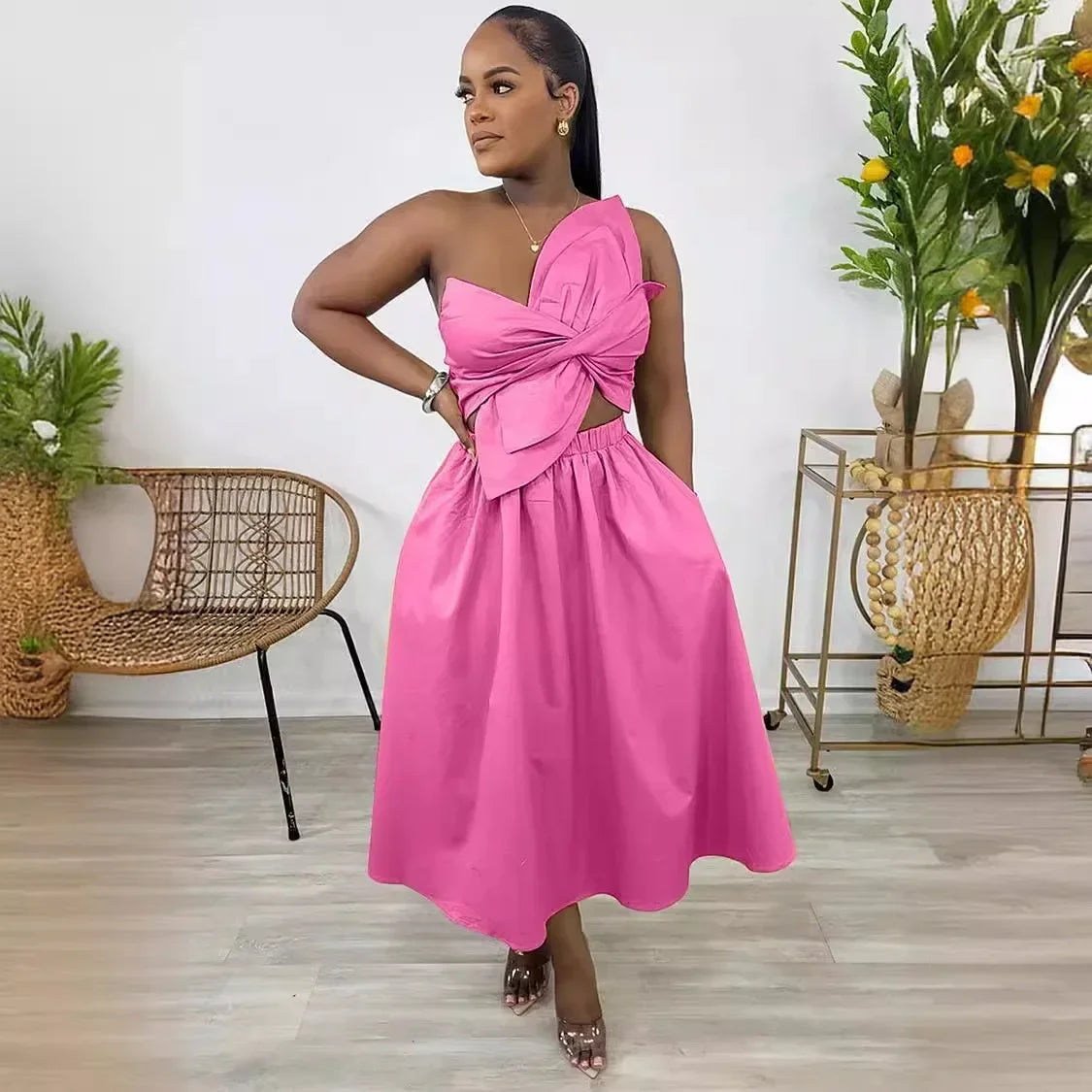 CM.YAYA Women Big Petal Front Strapless Midi Long Dress 2024 Summer Street Vestidos Sexy Party Evening Chic Big Swing Dresses