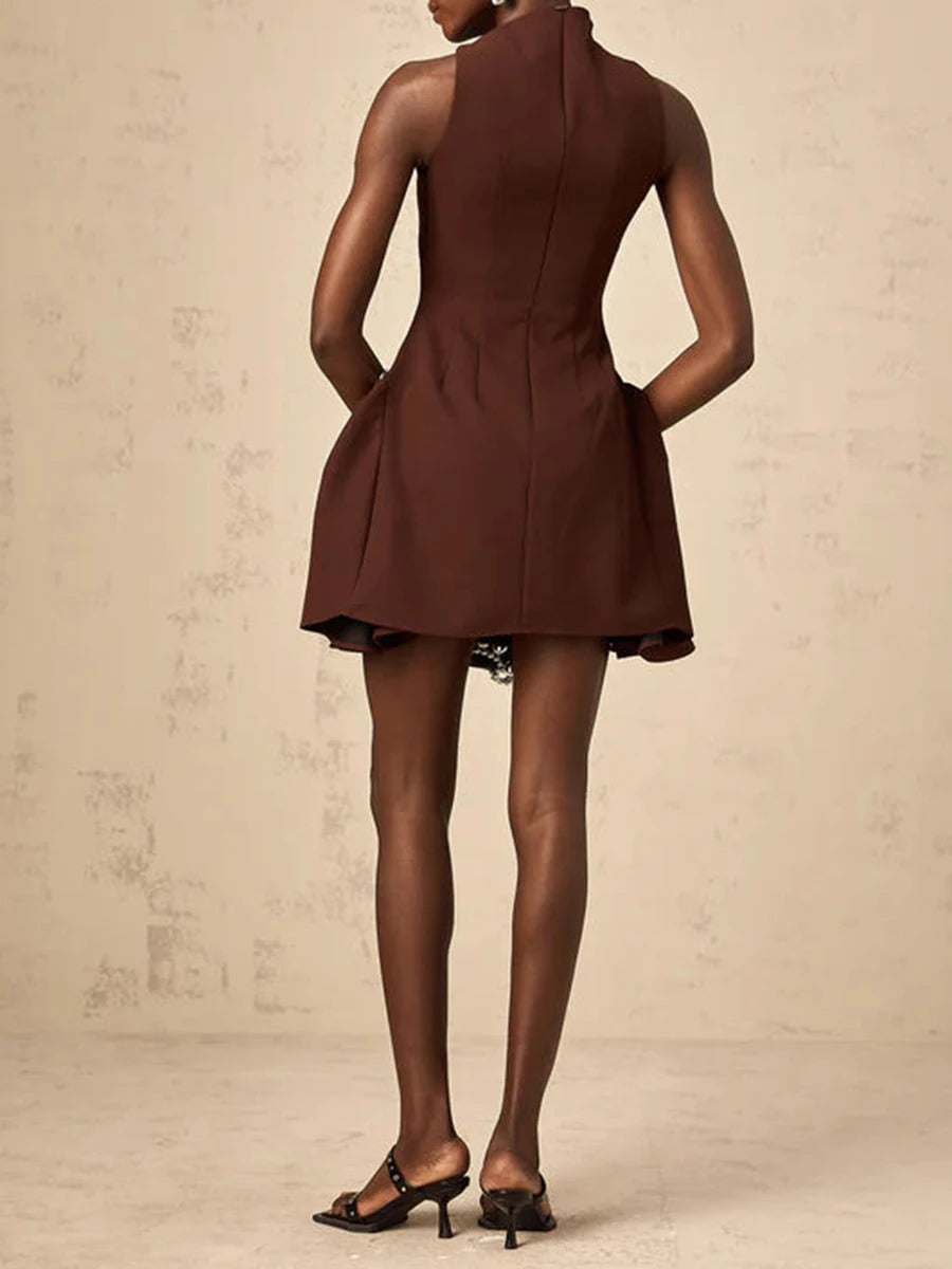 TWOTWINSTYLE Solid Slimming Elegant Mini Dresses for Women Round Neck Sleeveless Patchwork Folds Tunic Dress Female Clothing New