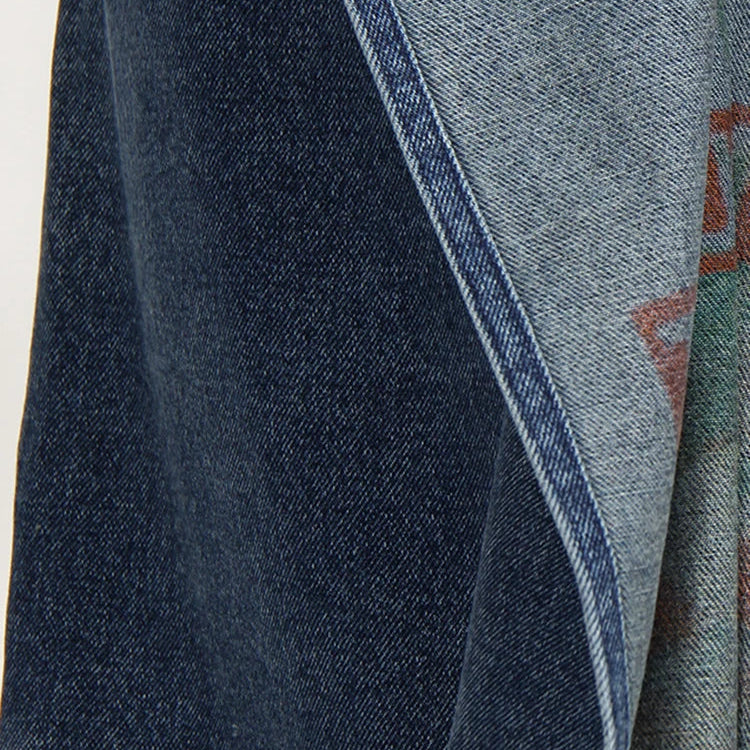 DEAT Fashion Women's Denim Skirt Double-sided Irregular Print Washed Zip Spliced Mid-calf Cotton Skirts Autumn New 7AB224