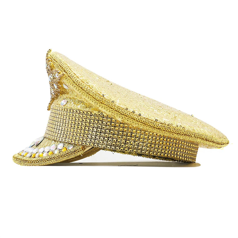 Hot Women Sequin Burning gold Bride Military Hat Handmade Sailor Captain Sergeant Hat Birthday Festival Part Hat