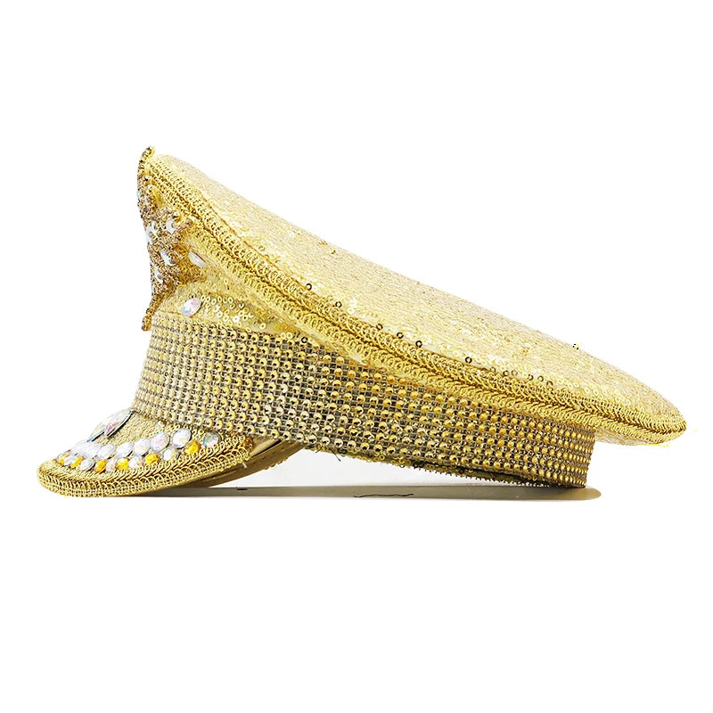 Hot Women Sequin Burning gold Bride Military Hat Handmade Sailor Captain Sergeant Hat Birthday Festival Part Hat