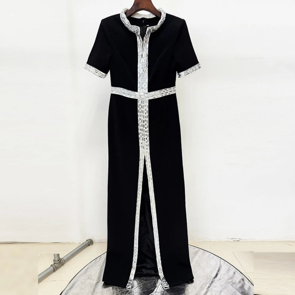 TWOTWINSTYLE Solid Spliced Bead Elegant Dresses for Women V Neck Short Sleeves High Waist Patchwork Split Long Dress Female New