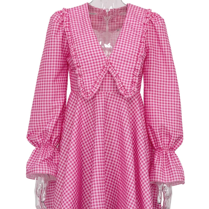 Clacive Sexy Deep V-Neck Print Women'S Dress Fashion Doll Collar Lantern Sleeve Mini Dresses Elegant Pink Pleated Female Dress