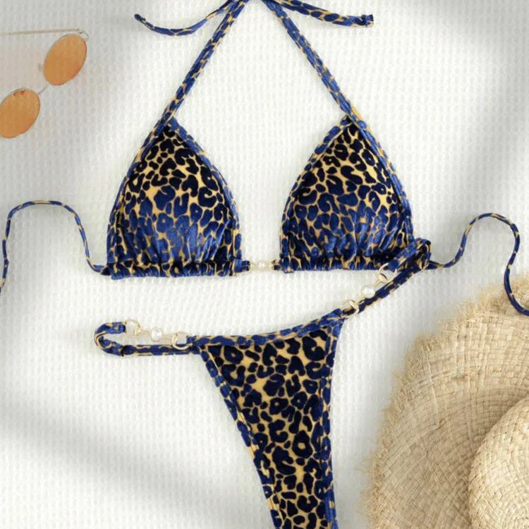 Sexy Leopard Print Glossy Bikini Women's 2-piece Thong Swimwear Suspender Lace-up Low Waist Backless Bathing Suit Beachwear Yellow