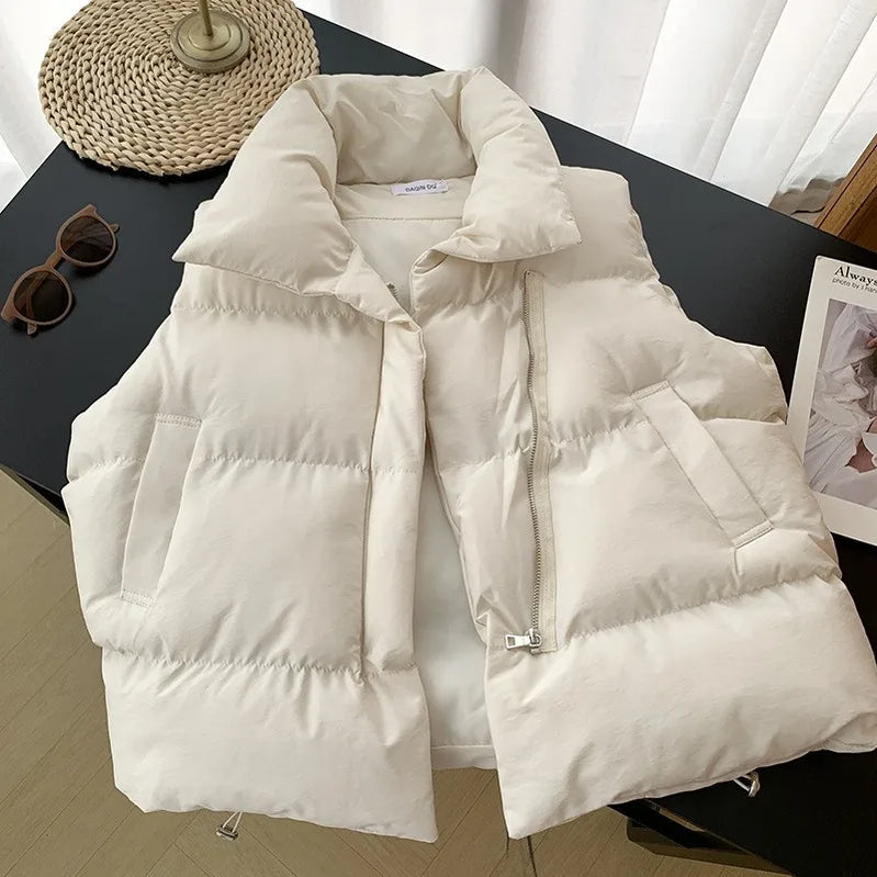 Women Fashion Autumn New Stand Collar Elegant Down Coats Warm Outerwear Casual Belt Sleeveless Winter Women Vests Jackets White