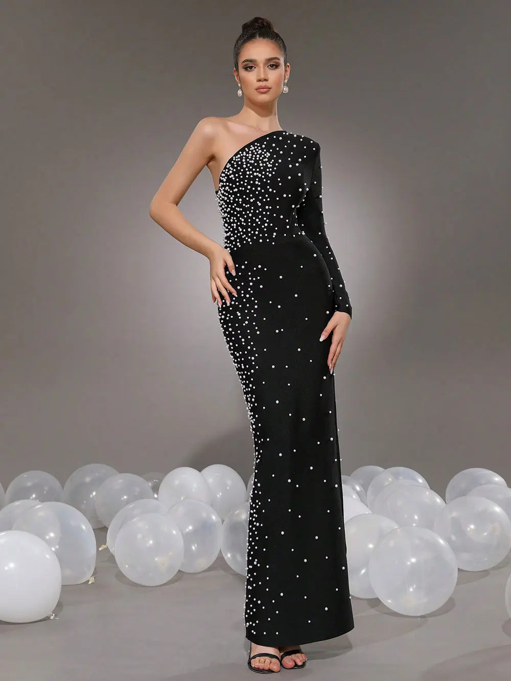 2025 Elegant Women Light Luxury Nail Bead Bandage Dress with Slant Neck Single Shoulder Sleeve Bodycon Black Long Dress Vestidos