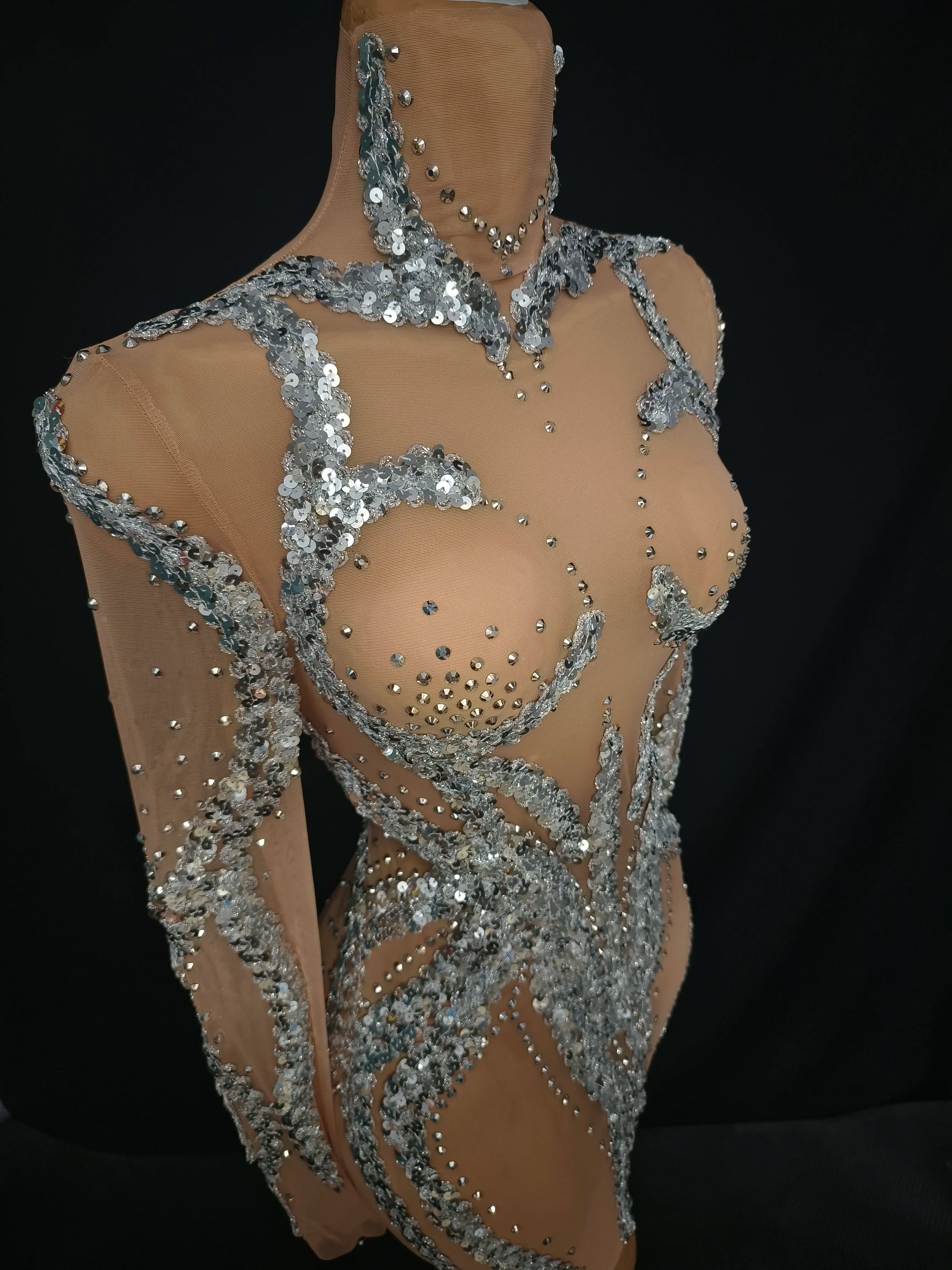 Women Sexy Mesh Crystal Nude Stretchy Long Sleeve Night Club See Through Singer Dancer tage Costume Mini Party Dress