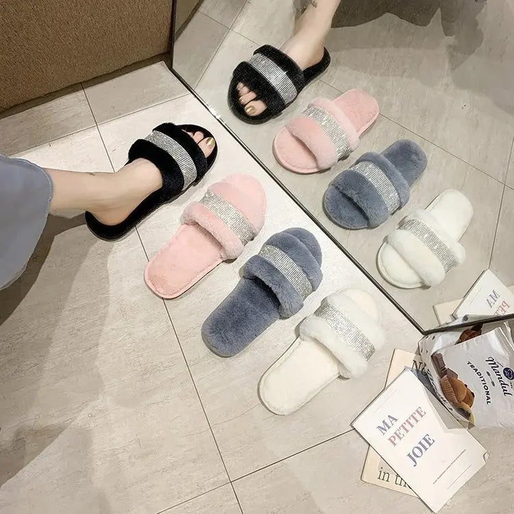 Winter Luxury Rhinestone Women Warm Fur Slippers Cozy Fluffy Furry Slides Crystal Flat Indoor Design Home Shoes Ladies 43