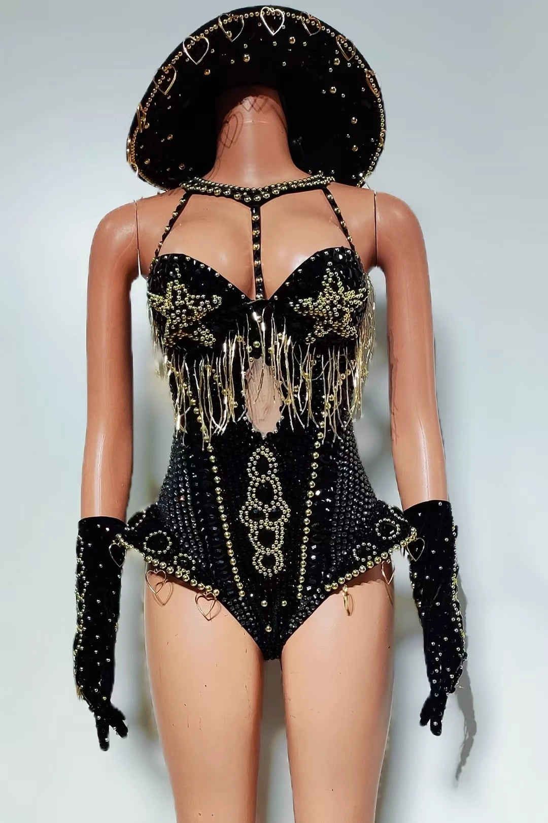 Luxury Women Crystals Tassel Bodysuit Set Cowboy Night Party Jumpsuit Stage Show Outfit Festival Celebrate Sexy Wear Hongding