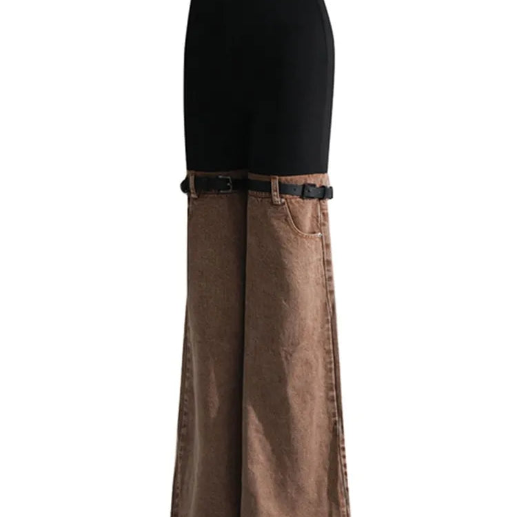 Hit Color Spliced Belt Jeans For Women High Waist Patchwork Pockets Slim Striaght Wide Leg Pant Female Fashion Style Clothes