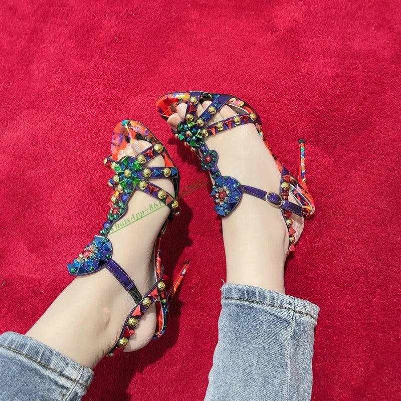 Color Round Toe Open Toe Cross Strap Rivet Sandals Women's Leather Stiletto T-strap High-Heeled Shoes