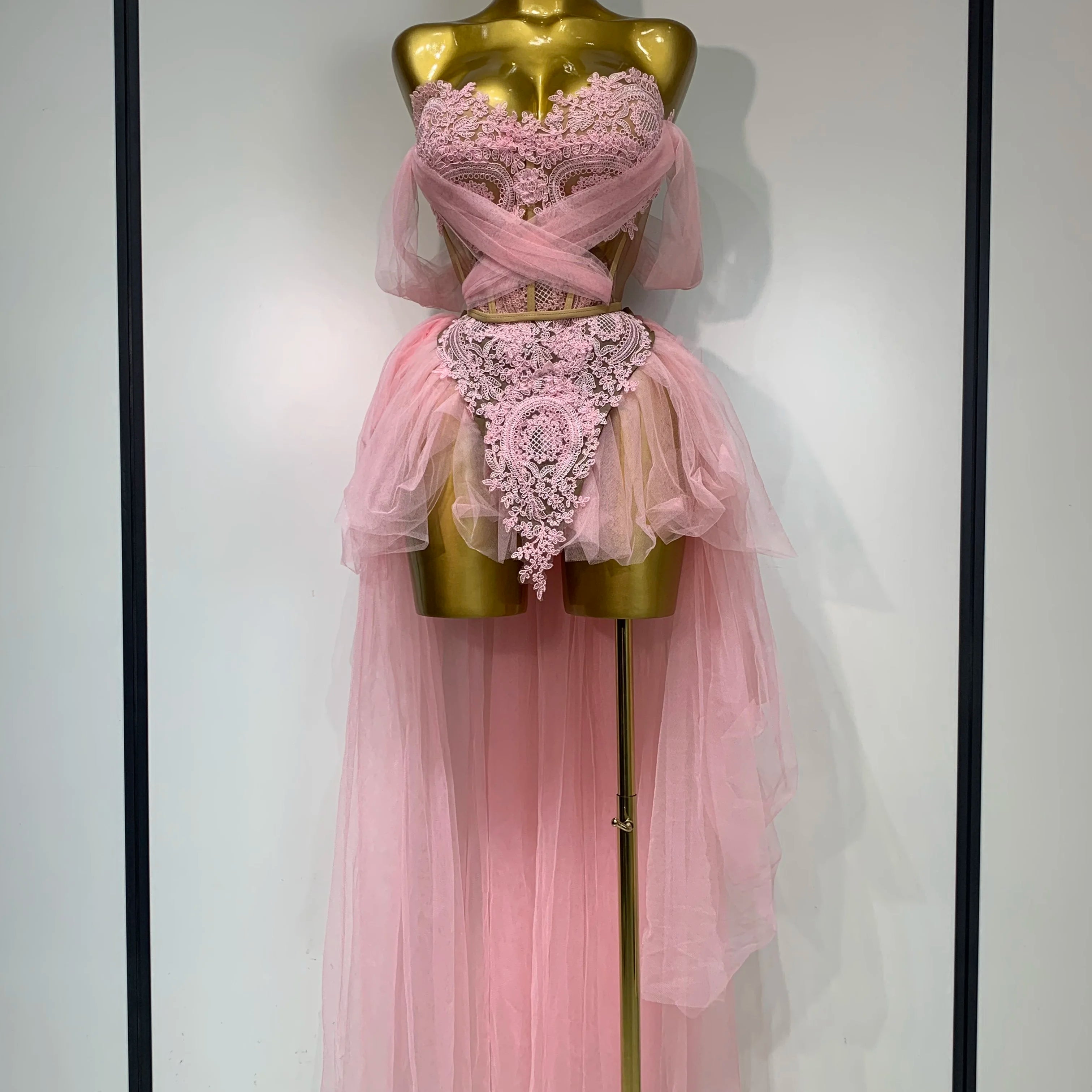 Women Sexy Strapless Pink Mesh Two Pieces Set Prom Gown Celebrate Birthday Nightclub Party Singer Stage Performance Costume