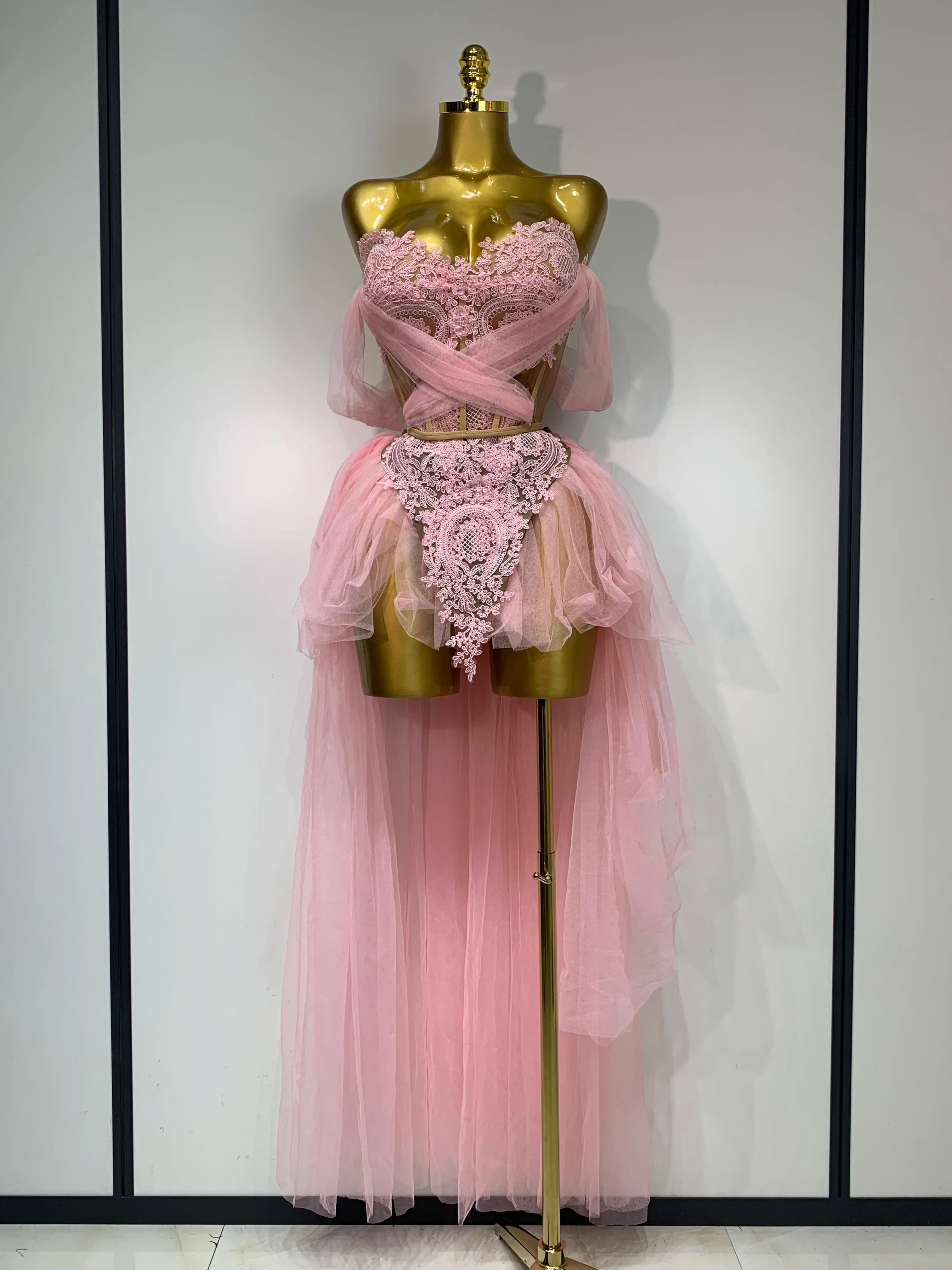 Sexy Backless Mesh Top Skirt Two Pieces Set Celebrate Festival Performance Costume Luxury Birthday Evening Party Design Dress