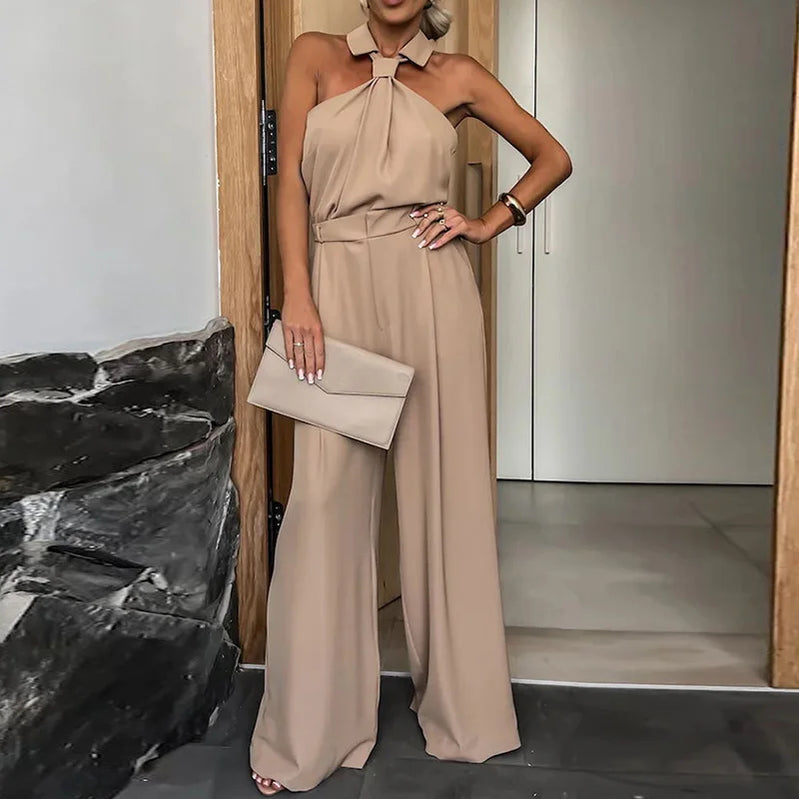 New Spring Summer Women Sleeveless Jumpsuits, Wide Leg Pants Loungewear Playsuits, Patchwork Pocket Simple Ladies Bodysuits 01 Camel