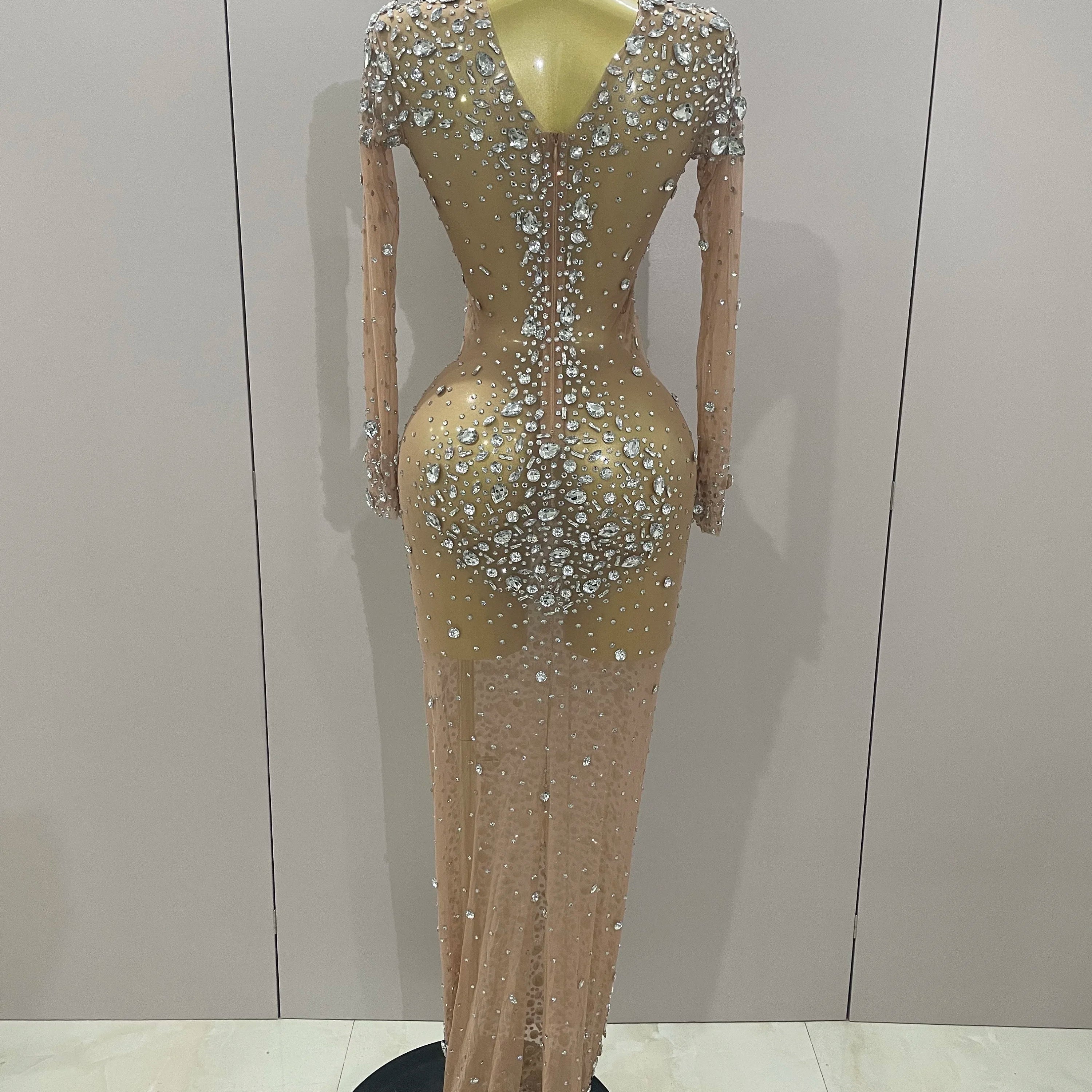 Sparkly Silver Big Rhinestone Sexy Transparent Long Dress 2025 Women Evening Birthday Party Celebrate Club Dancer Stage Costume