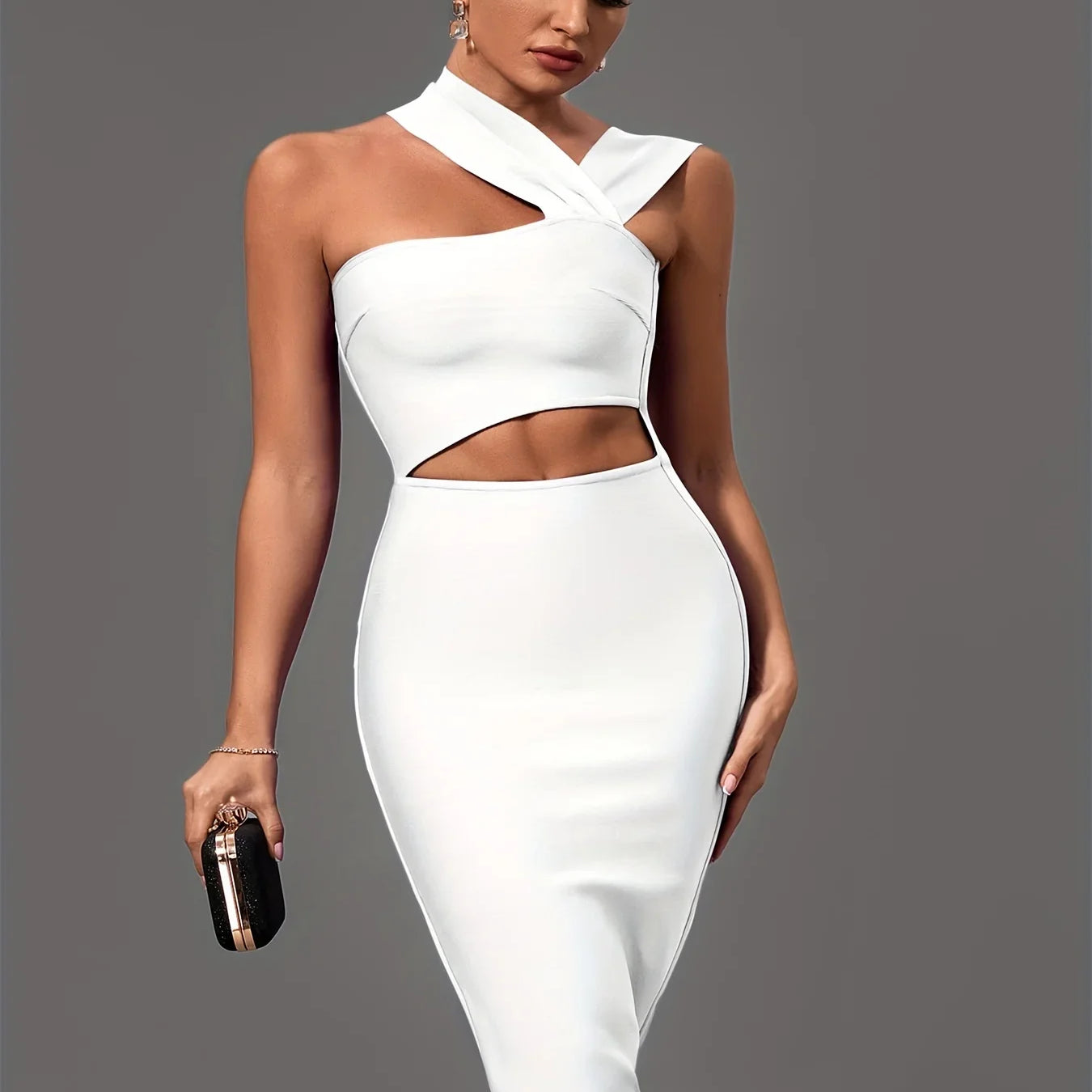 Black Bandage Dress Women Midi Party Dress Bodycon Elegant Halter Neck Sexy Cut Out Birthday Evening Club Outfits Summer WHITE