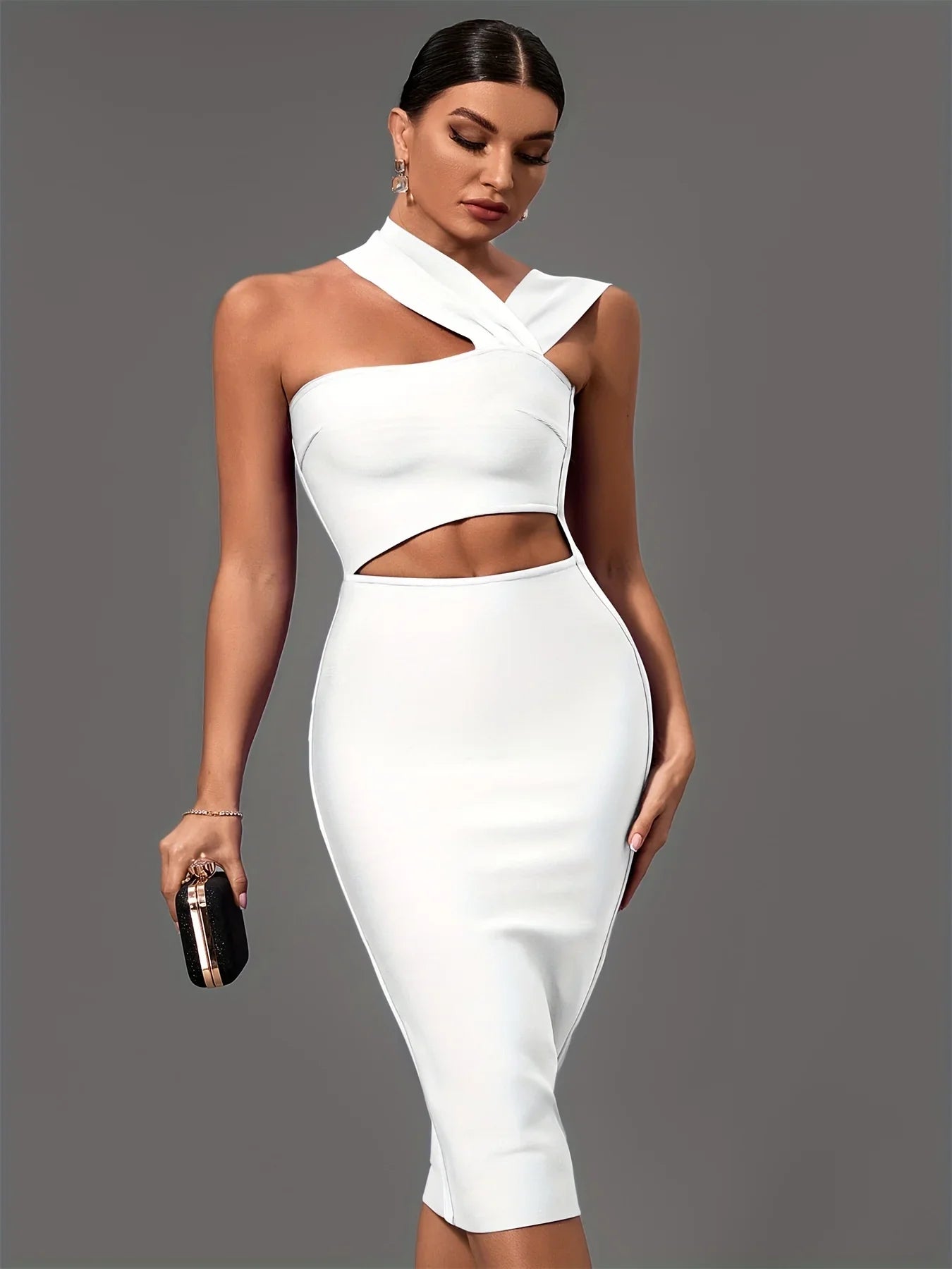 Black Bandage Dress Women Midi Party Dress Bodycon Elegant Halter Neck Sexy Cut Out Birthday Evening Club Outfits Summer WHITE