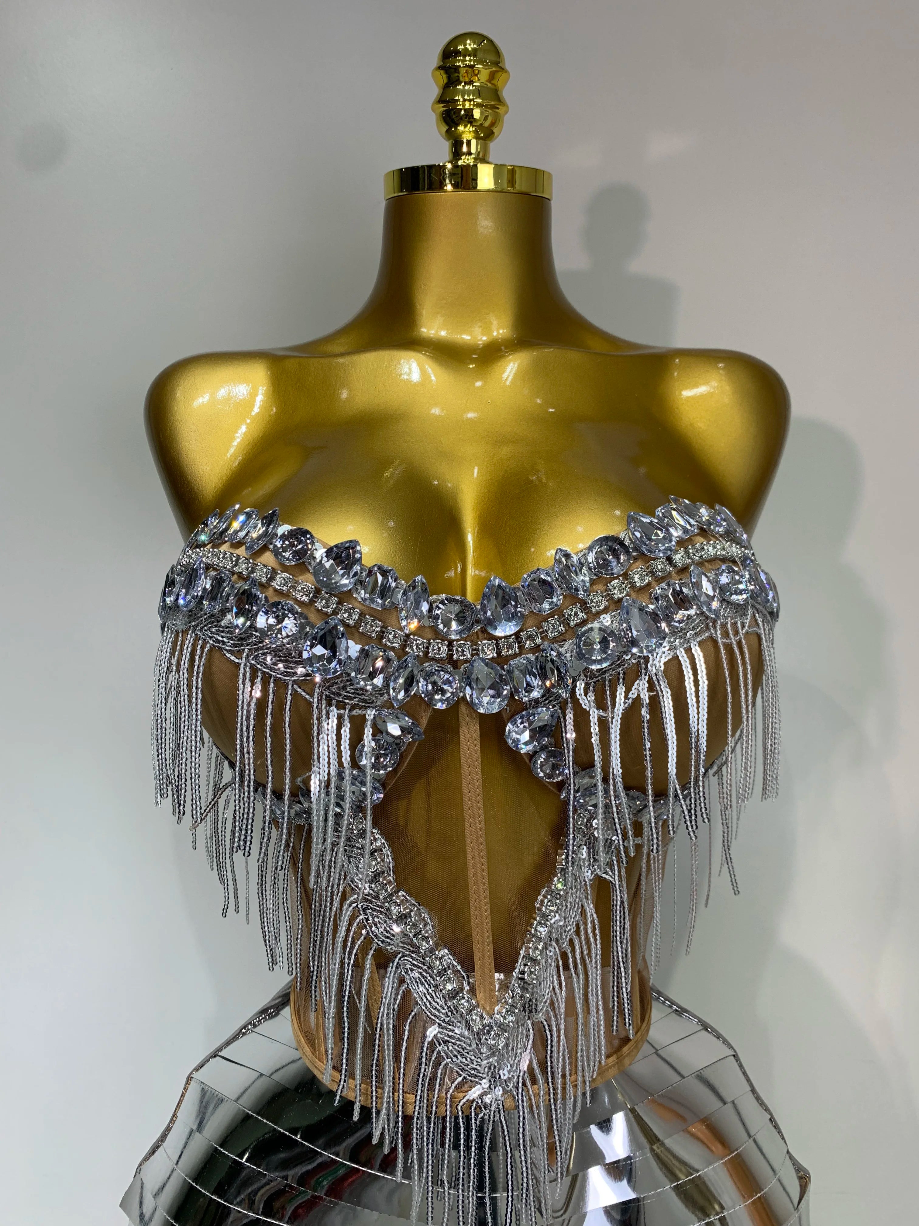 Sparkly Sliver Rhinstones tassels Top Skirt Two Piece Set Women Sexy Strapless Nightclub Birthday Evening Party Stage Outfit