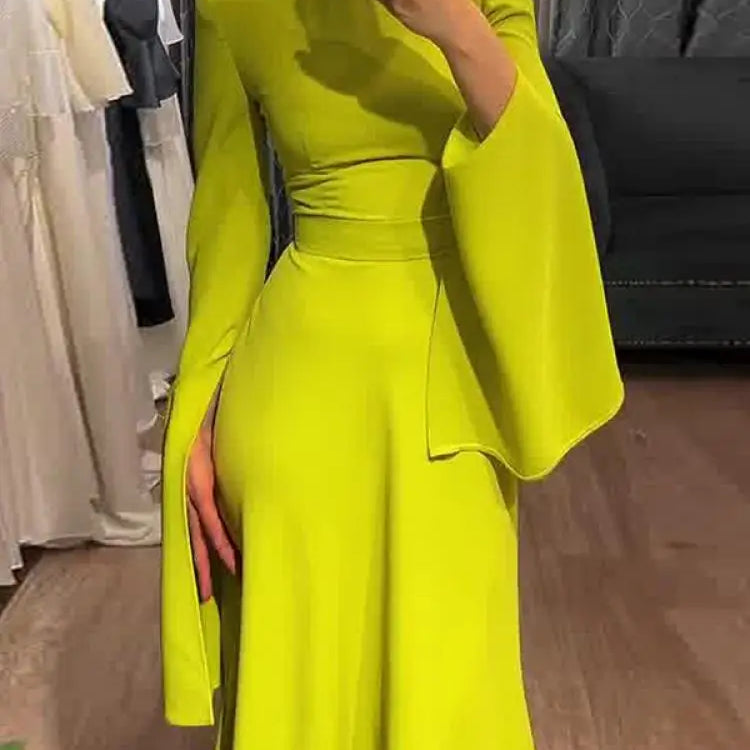Onecozyday New Women Elegant Evening Dresses Ruffled Sleeve Turtleneck High Waisted Slim Fit Pleated Floor Length Dress