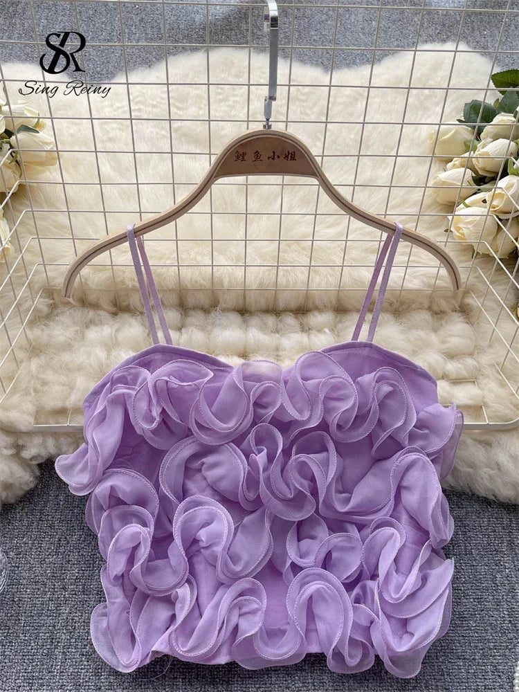 SINGREINY French Style Sheath Solid Sexy Camisole Female 3D Flowers Elastic Tops Ladies Holiday Short Sweet Streetwear Camis purple One Size